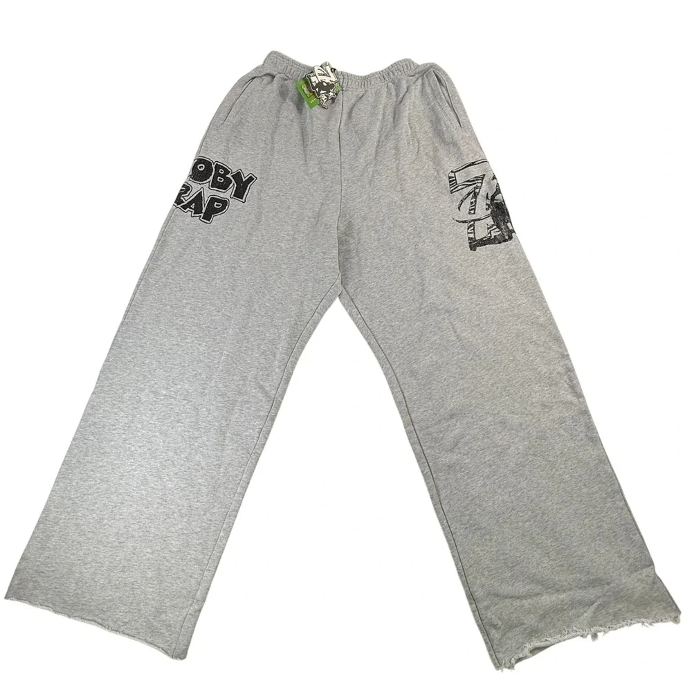 Booby Trap Graphic Wide Leg Sweatpants Heather Gray Raw Hem Streetwear Mens XL